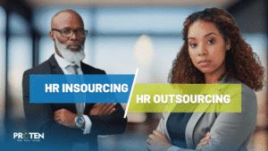 Two professionals standing side by side with a bold text "HR Insourcing vs HR outsourcing