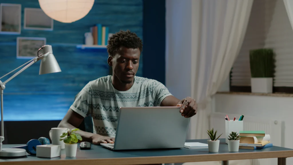 business man working from home with laptop desk entrepreneur using modern device online remote work internet connection professional worker doing project with gadget